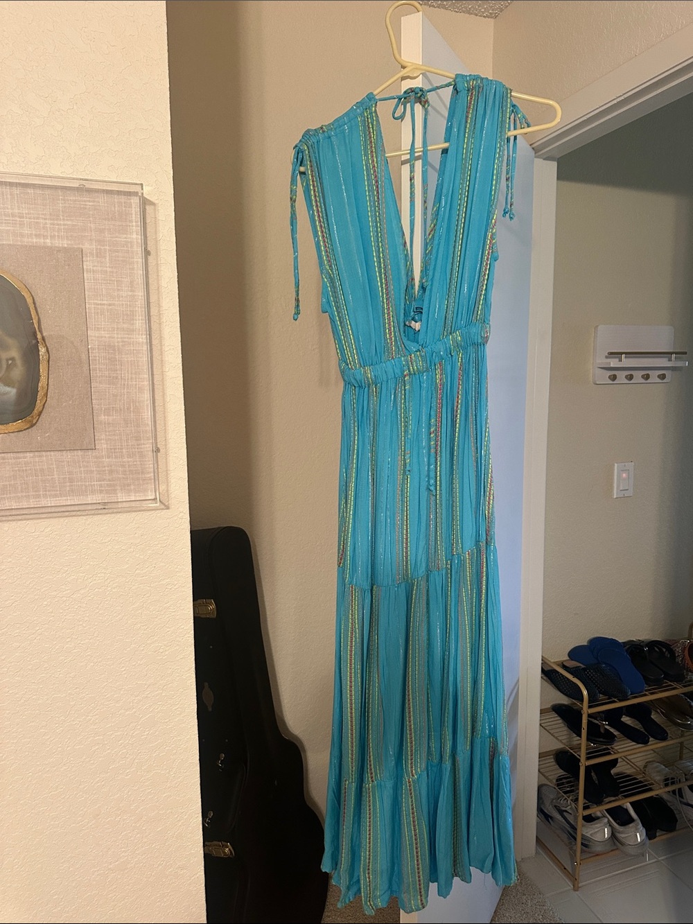 Elan Turquoise Metallic-Striped Tiered Maxi Dress